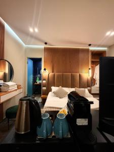 a hotel room with a bed and a desk with a desk at Luna Mare Boutique Seaside in Borsh