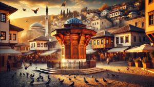 a painting of a city with pigeons on a street at Old Town in Sarajevo