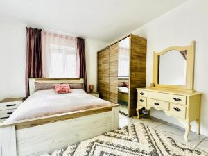 苏托莫雷MorePlanina的带床、梳妆台和镜子的卧室