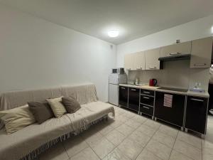a living room with a couch and a kitchen at Pulsar Apartments in Gorzów Wielkopolski