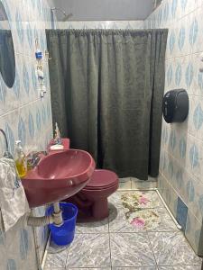 a bathroom with a red sink and a toilet at Lirio green hostal in Managua