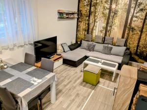 a living room with a couch and a table at Apartmán Kocka na prízemí in Šaštín