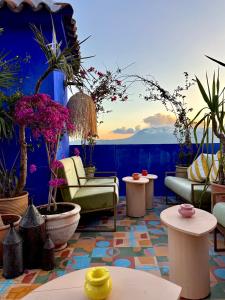 a room with a blue wall with plants and tables at Casa Amina in Chefchaouene