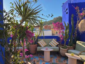a patio with a couch and potted plants at Casa Amina in Chefchaouene
