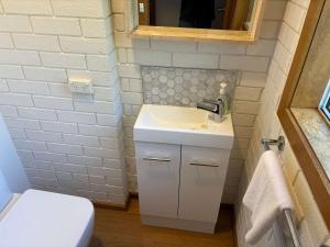 a small bathroom with a sink and a toilet at Cosy renovated 2 bed villa in superb location in Hobart