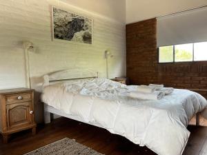 una camera da letto con un letto con asciugamani sopra di La Floridita a Puerto Pirámides
