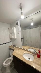 Un baño con lavabo, inodoro y espejo. en Apartamento Vista Buena, en Talca