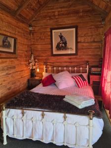 una camera con un letto in una baita di tronchi di Jack Daniels Rest Gateway to Tekapo and the MacKenzie District a Burkes Pass