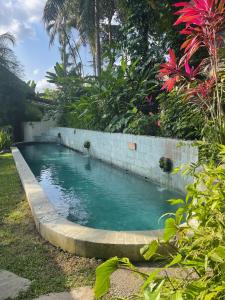 a swimming pool in a garden with a brick wall at Heliconia, at T house kaja in Ubud