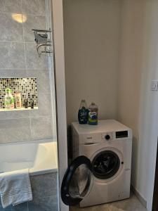 a washing machine in a bathroom next to a bath tub at Spacious & Cozy - 3 Bedrooms in Chasse-sur-Rhône +3 photos