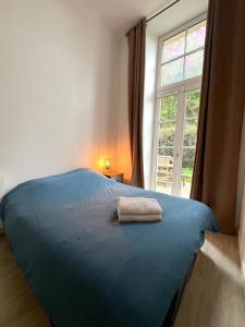 a blue bed in a room with a window at Le Clos - Centre ville - Jardin - Parking privé in Poitiers +2 photos