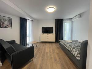 a bedroom with a bed and a couch and a television at City Studio in Tulcea