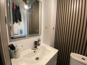 a bathroom with a sink and a mirror and a shower at Magnifique appartement près du centre in Barcelona