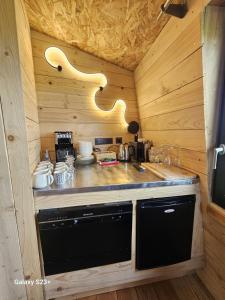 a kitchen in a log cabin with a counter top at LOGIS LAS CROZAS Le Mousseron orientable in Vernines