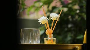 two glass vases with flowers in them on a table at Vietnam Travelers Home 2 with Cozy Private Balcony in Hanoi