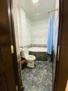 a bathroom with a toilet and a bath tub at Afsona guest house in Bukhara +32 photos