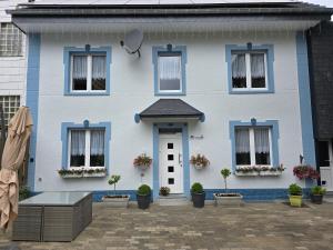 a blue house with plants in front of it at Casa Andrea in Saint-Vith