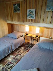 two beds in a room with two lamps on tables at Gîte du Gardoir in Boresse-et-Martron