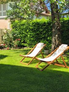 two lounge chairs sitting on the grass near a tree at Bed and Breakfast CASA MANU in Loro Ciuffenna +22 photos