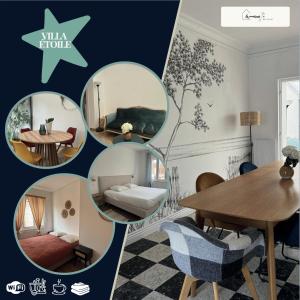 a collage of photos of a living room and a dining room at Villa Malo Étoile proche de la mer in Dunkerque