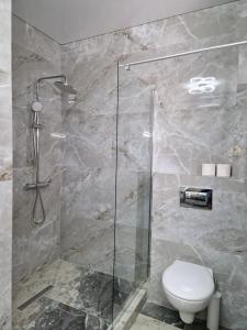a bathroom with a toilet and a glass shower at SELIS - Aparthotel in Mamaia Nord