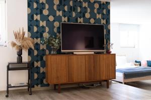 a living room with a flat screen tv on a cabinet at Retro-Urban in der Bregenzer Fussgängerzone in Bregenz
