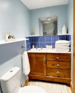 a bathroom with a sink and a toilet and a mirror at The Stables at The Forge Self Contained Apartment in Pyecombe +29 photos
