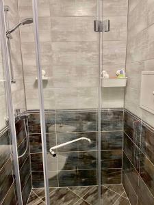 een douche met een glazen deur in een badkamer bij Deluxe studio beach Lazur in Boergas +4 foto's