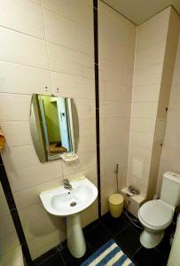 a bathroom with a sink and a toilet and a mirror at 2-х ком кв в районе Жаннур in Astana