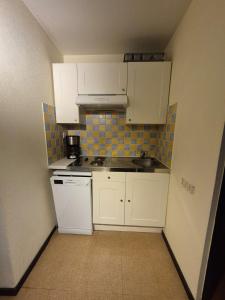 a small kitchen with white cabinets and a sink at L'appart du Pic du Midi -pied des pistes La Mongie in Bagnères-de-Bigorre