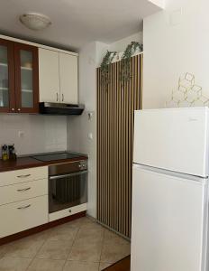 kuchnia z białą lodówką i kuchenką w obiekcie Villa Hosta Apartments w Hvarze