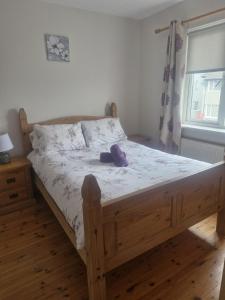 un orsacchiotto seduto su un letto in una camera da letto di Cobh Rambler a Cobh