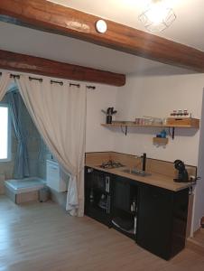 a kitchen with a counter in a room at Studio magnolia in Sainte-Anastasie-sur-Issole