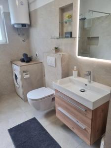 a bathroom with a sink and a toilet and a mirror at Apartment Oliva in Krk +6 photos