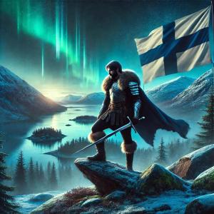 a painting of a man holding a flag and a sword at Stadin Pihlis in Helsinki