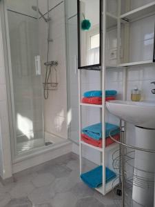 a bathroom with a shower and a sink and towels at Studio plein centre in Dol-de-Bretagne
