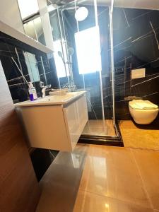 une salle de bain avec un lavabo et des toilettes dans l'établissement Cleopatra City Center Luxury E2 Maisonette, à Vólos