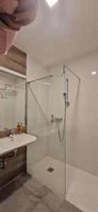 a bathroom with a glass shower and a sink at Apartament Czarna Góra Silver in Sienna