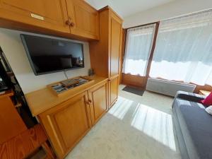 a living room with a flat screen tv and a couch at Appart. 2 pièces, 6 couchages, terrasse, garage, Le Grand-Bornand - FR-1-241-27 in Le Grand-Bornand