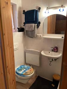 ein kleines Badezimmer mit Toilette und Waschbecken in der Unterkunft Billes gemütliches Gästezimmer Zugspitz Arena in Bichlbach