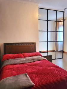 a bedroom with a bed with a red comforter at Kampala Studio with Lake Breeze in Kampala
