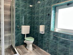 a green tiled bathroom with a toilet and a window at Avenue Palm Eforie in Eforie Nord