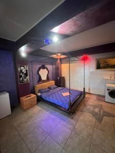 a bedroom with a bed in a room with purple walls at Cazare GDD in Focşani