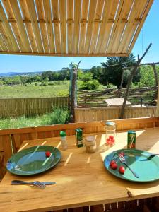 a wooden table with two green plates on it at TENTES sur une aire privée en pleine nature in Massillargues-Attuech