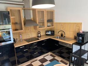 a kitchen with wooden cabinets and a sink and a stove at Noclegi Little Sheep in Chojna