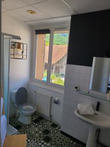 a bathroom with a toilet and a sink and a window at Auberge anglefort in Anglefort +33 photos
