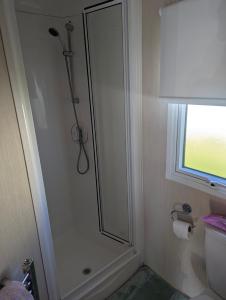 y baño con ducha, aseo y ventana. en Abi Sunset - Camber Sands, en Camber