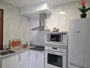 una cucina bianca con piano cottura e frigorifero di Apartamento Gascona a Oviedo