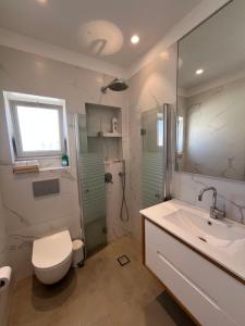 a bathroom with a toilet and a sink and a shower at Boutique apartment in Rishon LeẔiyyon +26 photos