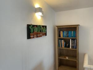 a corner of a room with a book shelf and a cactus at villa naumachos in San Vito lo Capo